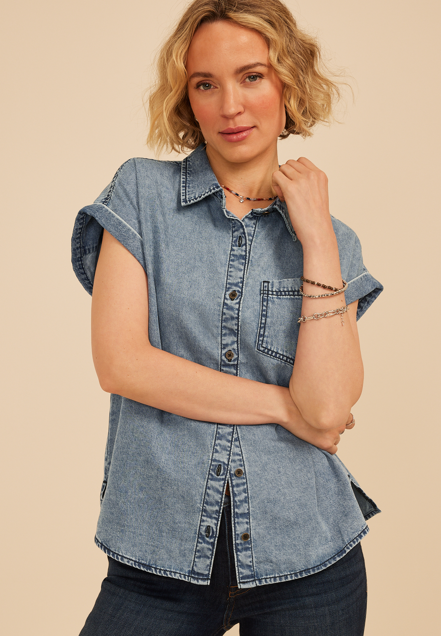 Dolman Washed Denim Button Down Shirt