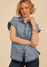 Dolman Washed Denim Button Down Shirt, C2043, small