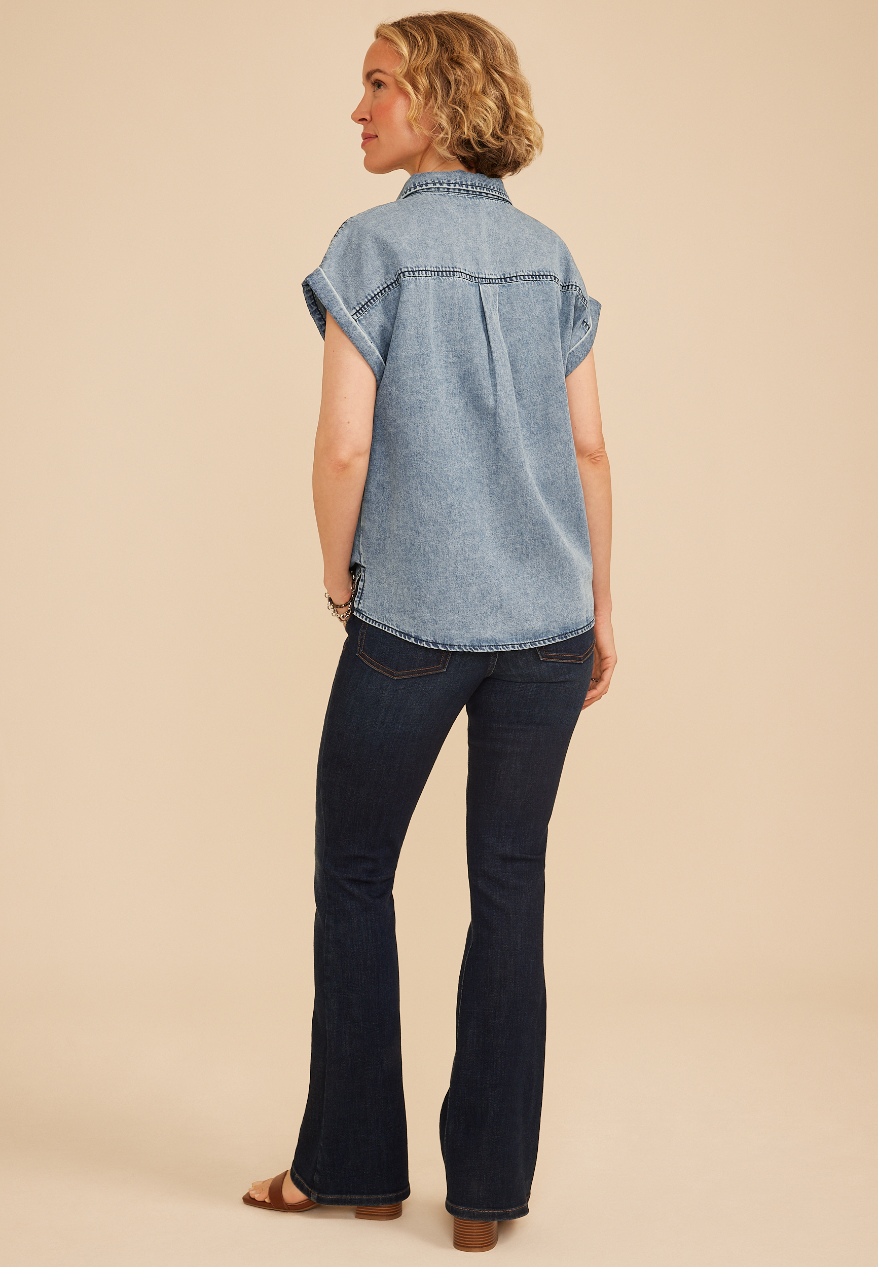 Dolman Washed Denim Button Down Shirt, C2043, large