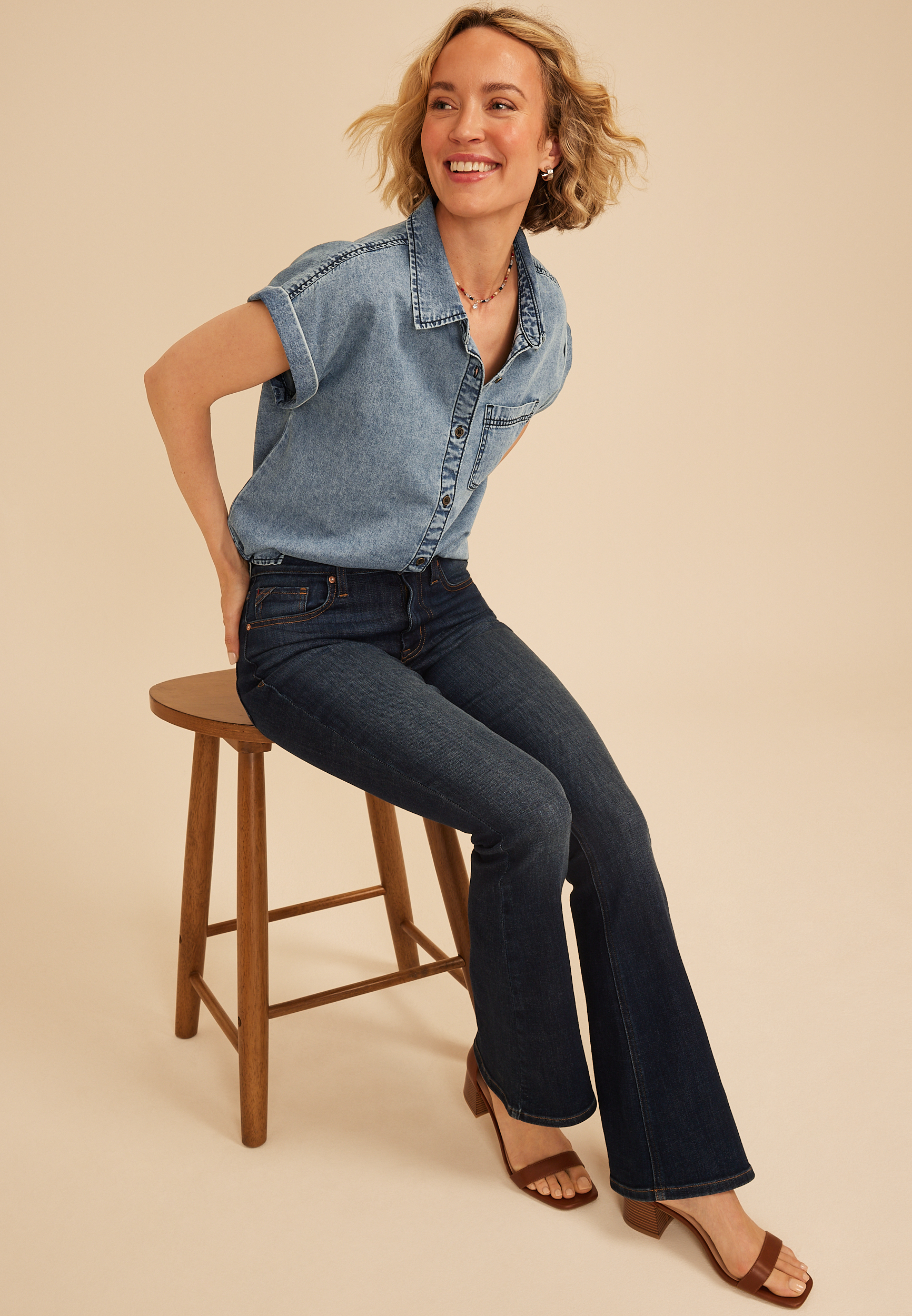 Dolman Washed Denim Button Down Shirt, C2043, large