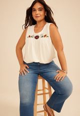 Plus Size Floral Embroidered Yoke Lace Trim Tank Top, C1524, small