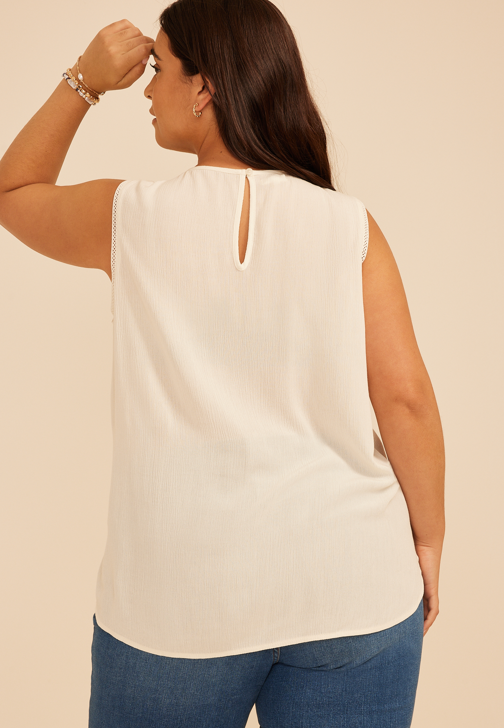 Plus Size Floral Embroidered Yoke Lace Trim Tank Top, C1524, large