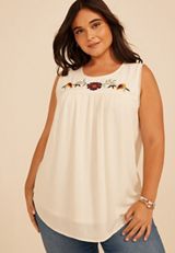 Plus Size Floral Embroidered Yoke Lace Trim Tank Top, C1524, small