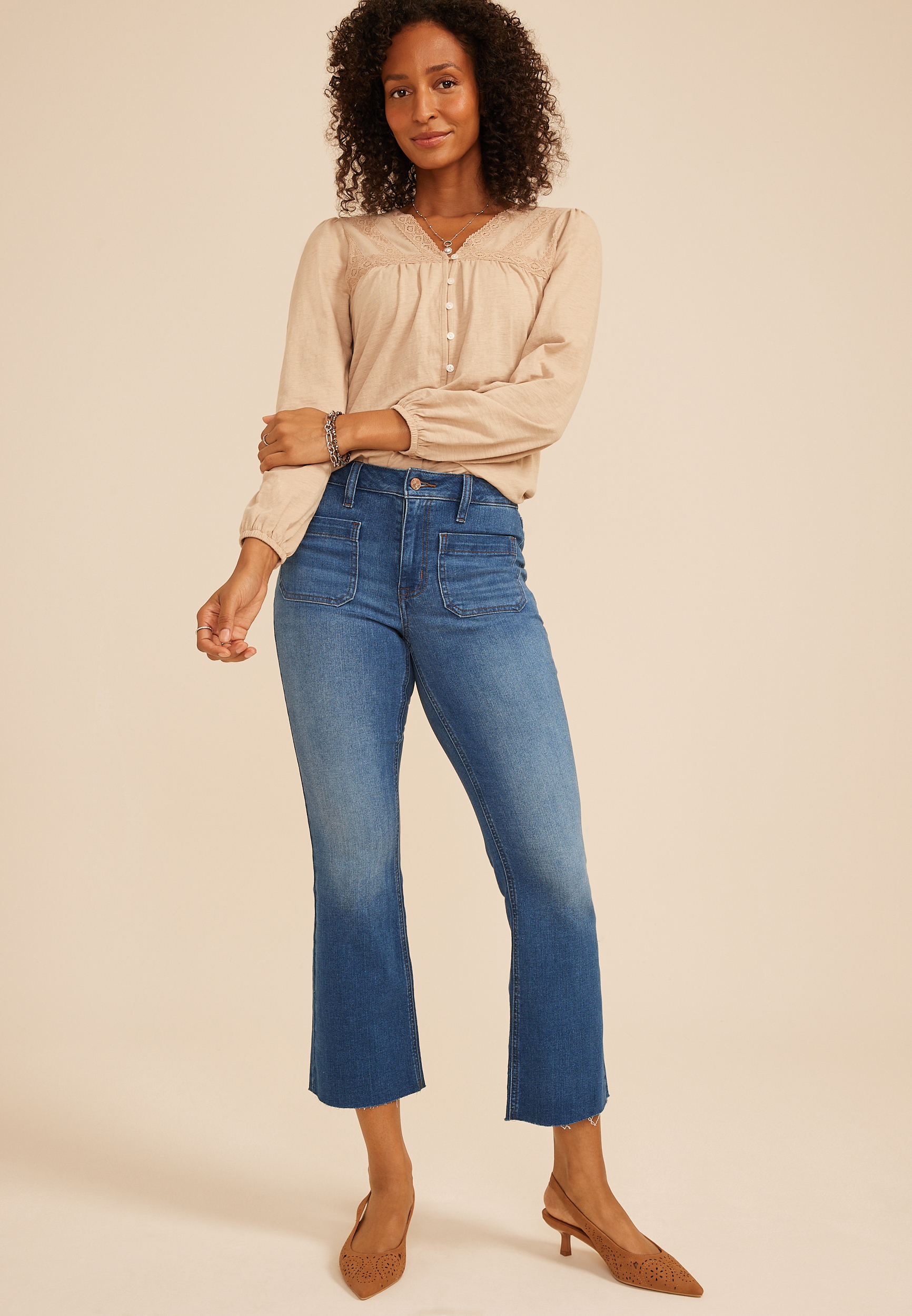 m jeans by maurices&trade; High Rise Patch Pocket Crop Kick Flare Jean, C3337, large