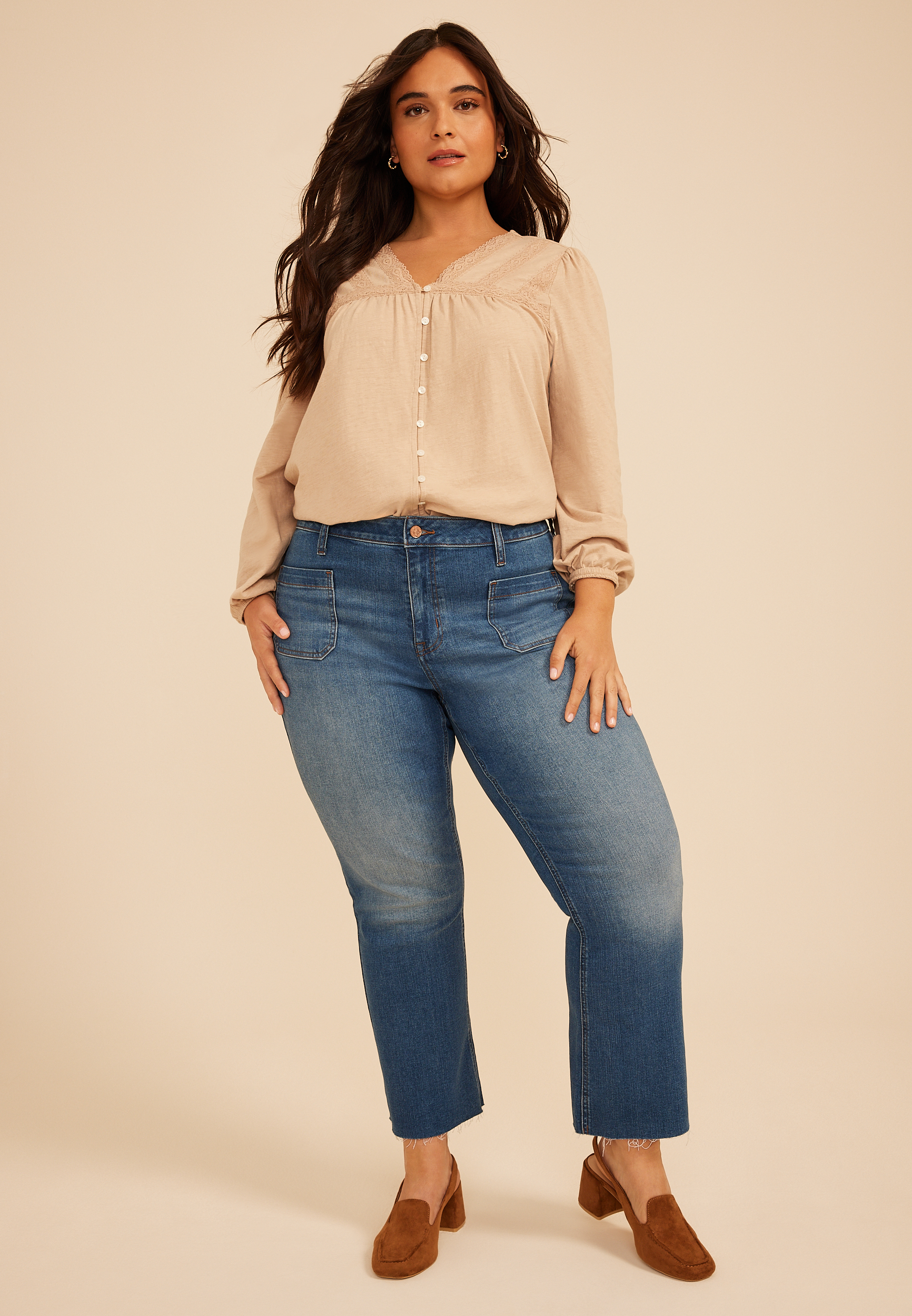 Plus Size m jeans by maurices&trade; High Rise Patch Pocket Crop Kick Flare Jean