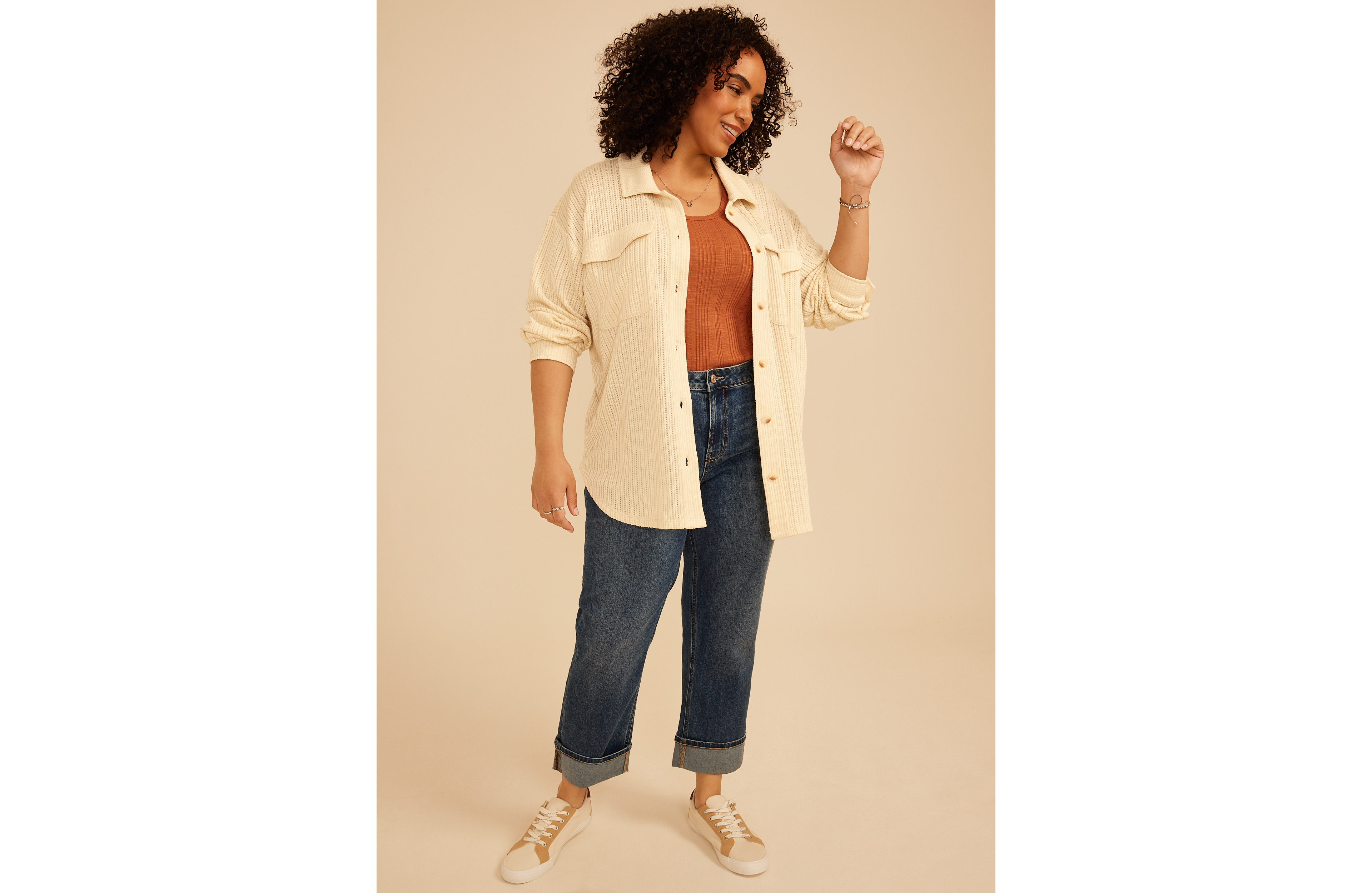 Plus Open Stitch Button Front Shacket