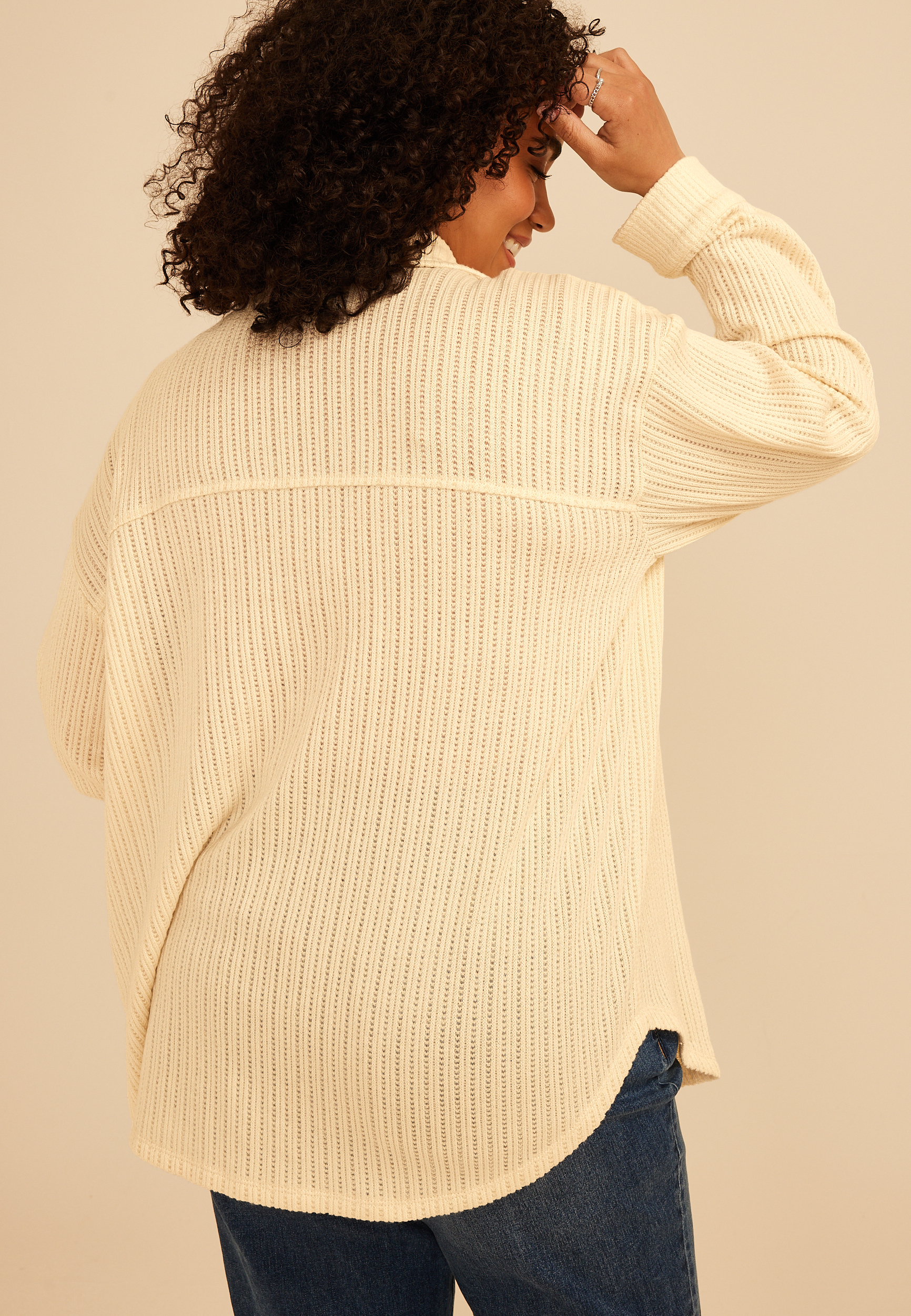 Plus Size Open Stitch Button Front Shacket, C183, large