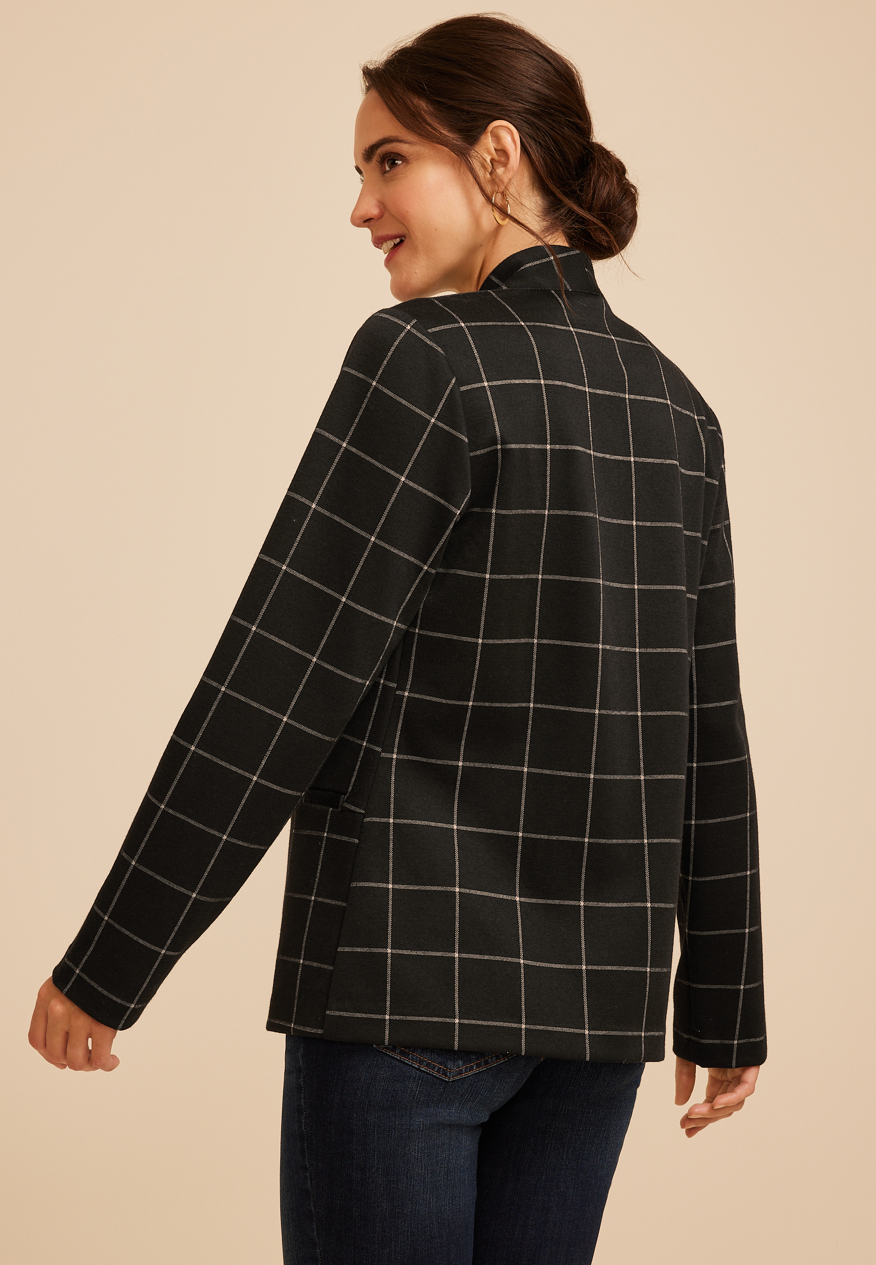 Windowpane Plaid Collarless Blazer, C1756, large