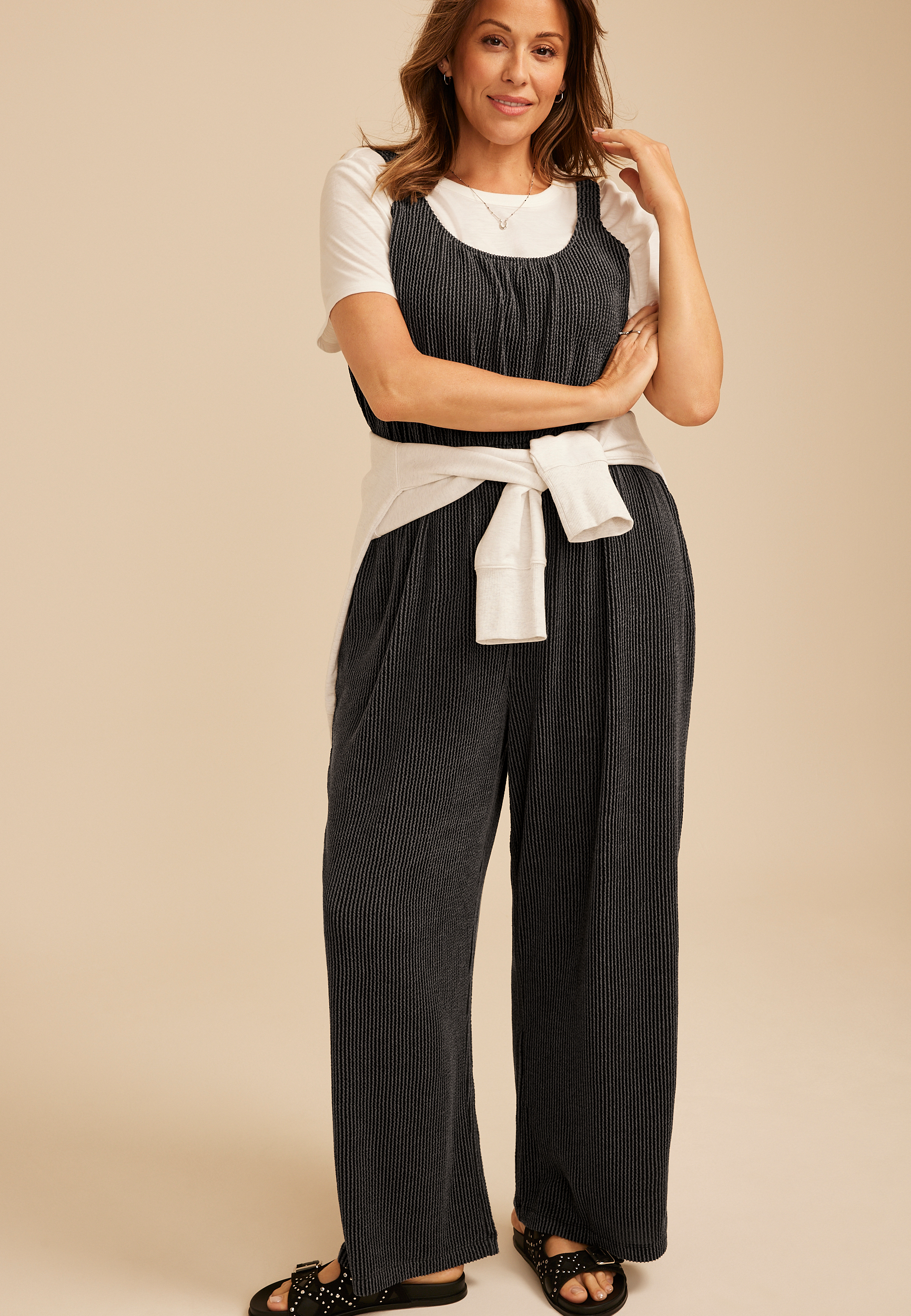 Plus Size Textured Wavy Ribbed Jumpsuit, C106, large