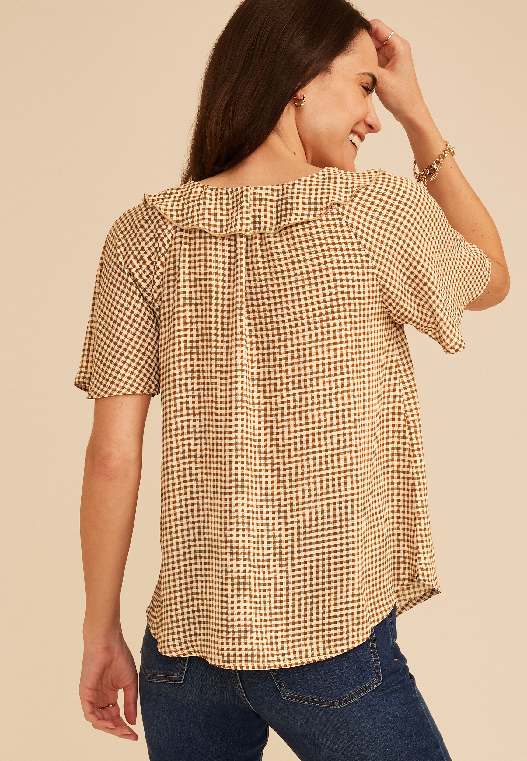 Gingham Ruffle Button Front Blouse, C6866, large