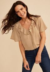 Gingham Ruffle Button Front Blouse, C6866, small