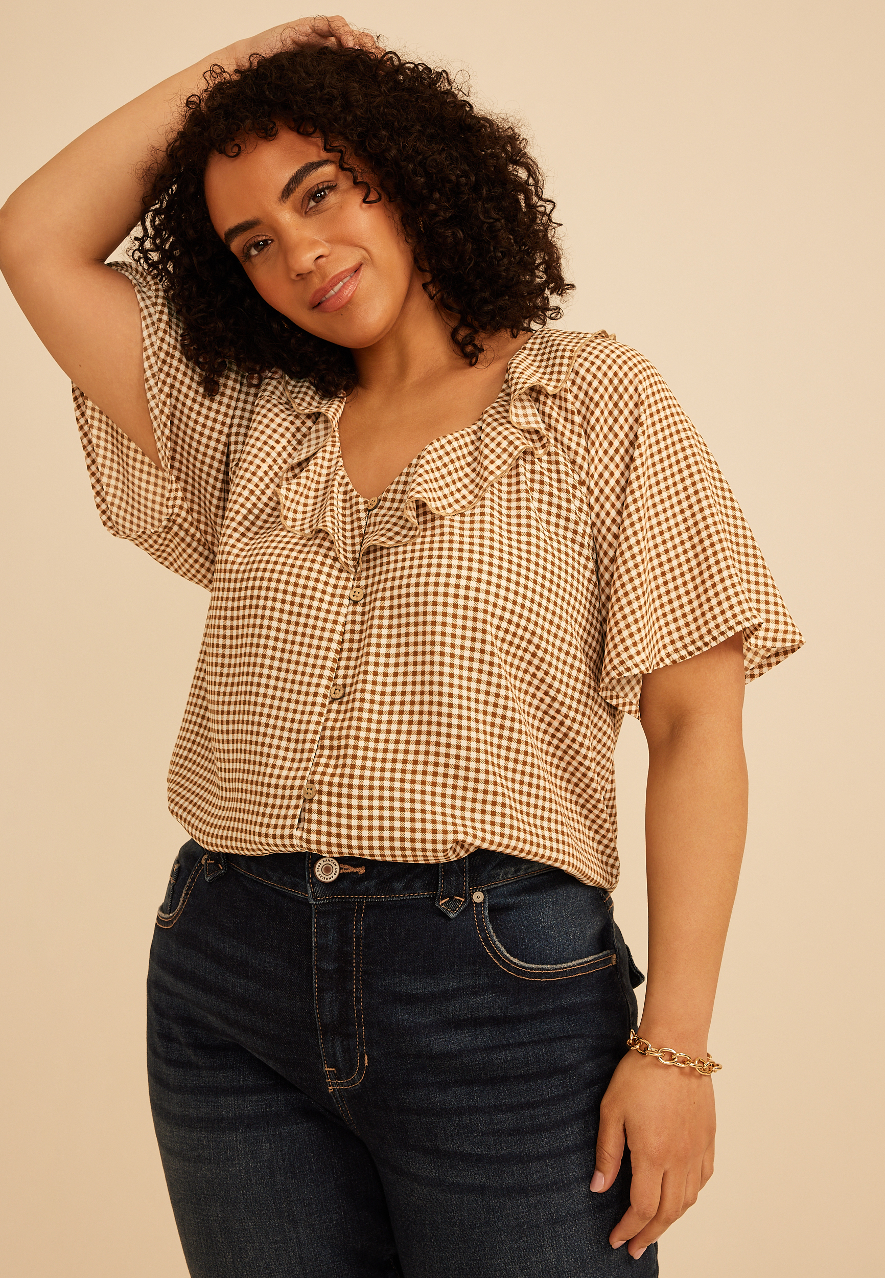 Plus Size Gingham Ruffle Button Front Blouse