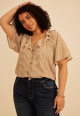 Plus Size Gingham Ruffle Button Front Blouse, TOFFEE BROWN, small