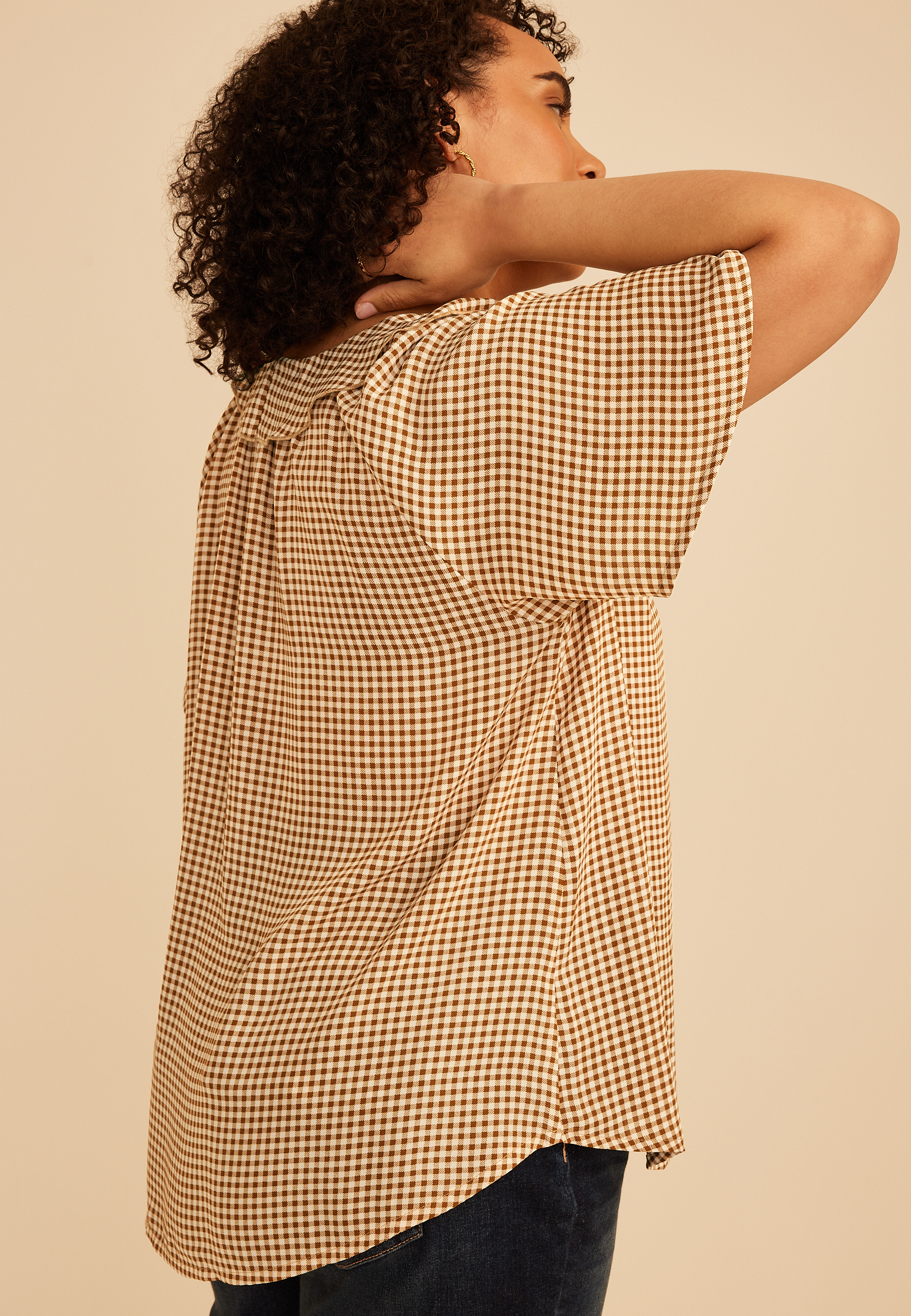 Plus Size Gingham Ruffle Button Front Blouse, TOFFEE BROWN, large