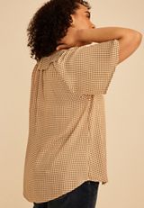 Plus Size Gingham Ruffle Button Front Blouse, TOFFEE BROWN, small