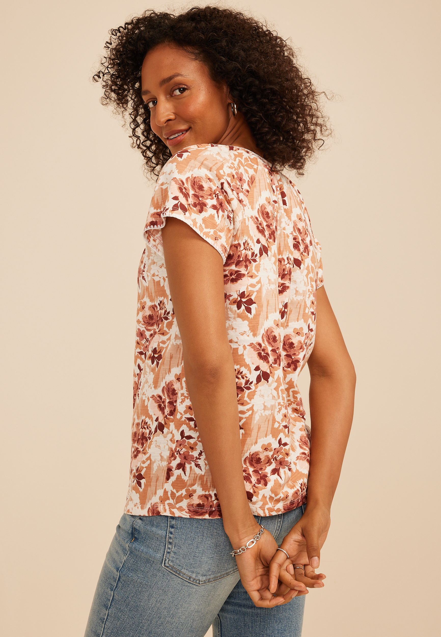 Embroidered Whipstitch Floral Flutter Sleeve Top, C1524, large