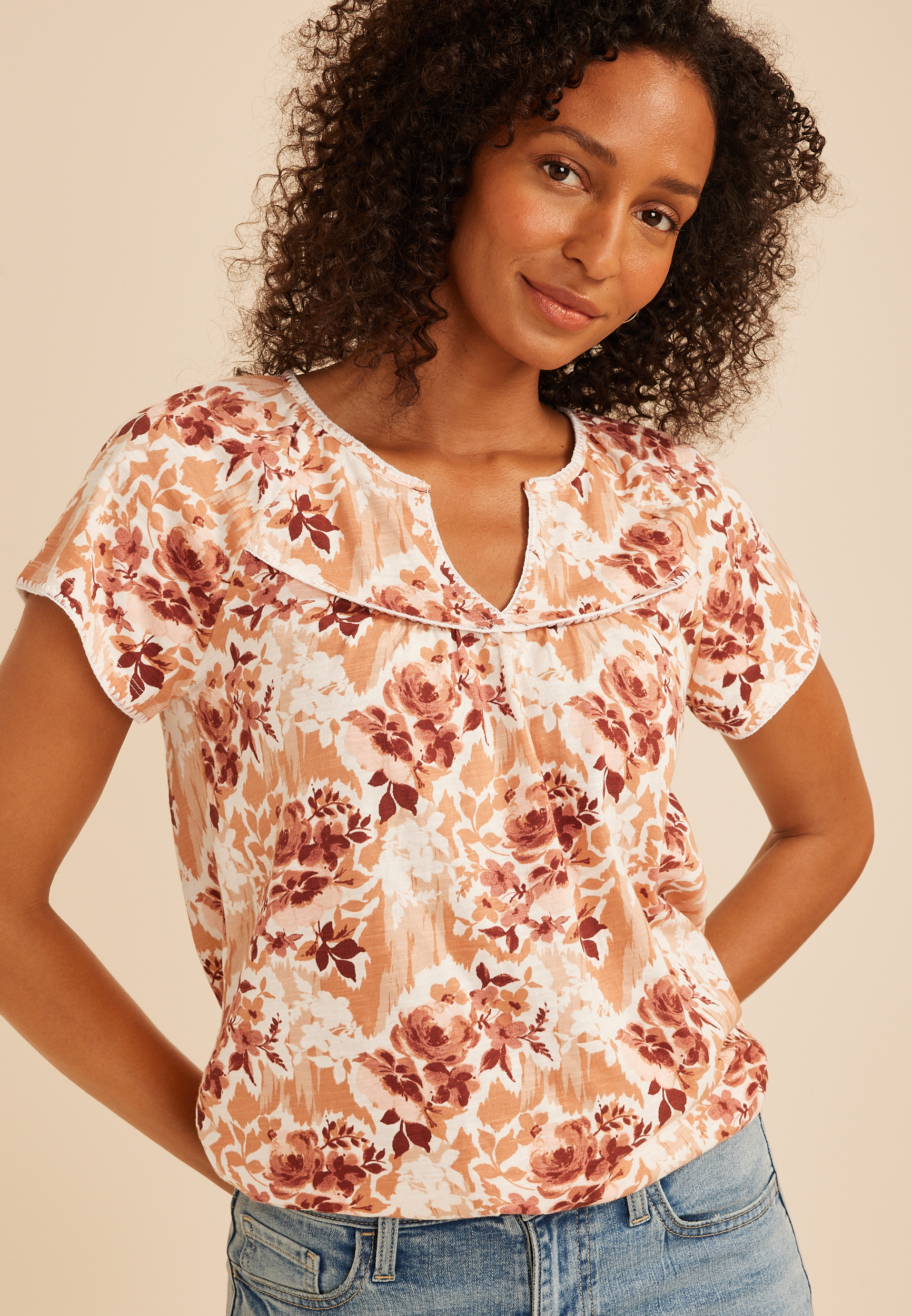 Embroidered Whipstitch Floral Flutter Sleeve Top, C1524, large