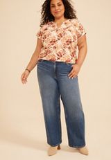 Plus Size Embroidered Whipstitch Floral Flutter Sleeve Top, C1524, small
