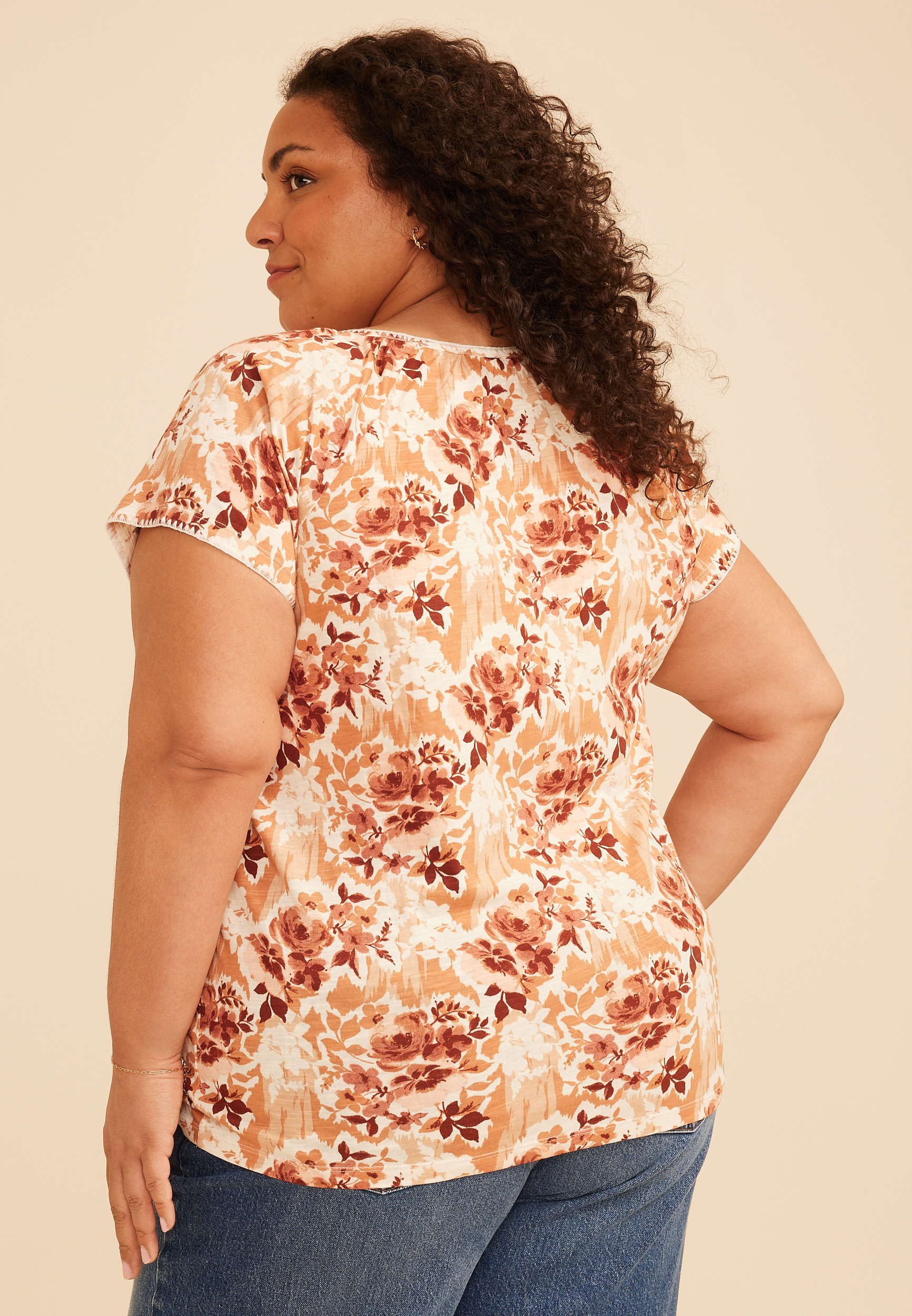 Plus Size Embroidered Whipstitch Floral Flutter Sleeve Top, C1524, large