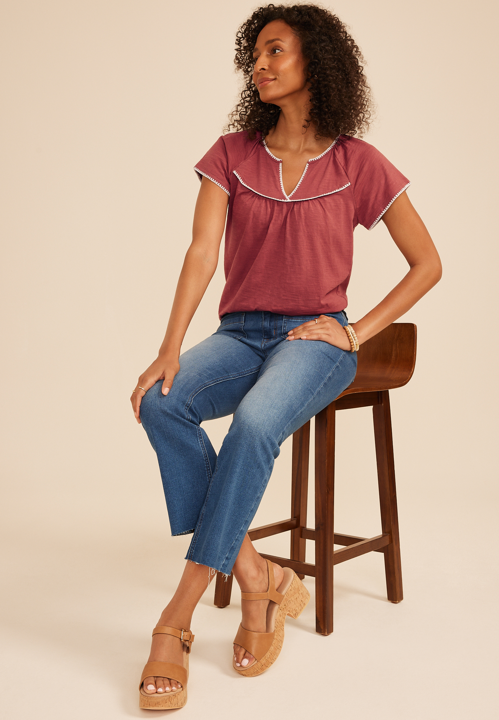 Embroidered Whipstitch Floral Flutter Sleeve Top