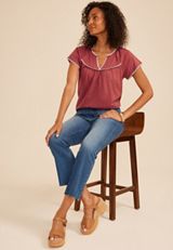 Embroidered Whipstitch Flutter Sleeve Top, C9585, small