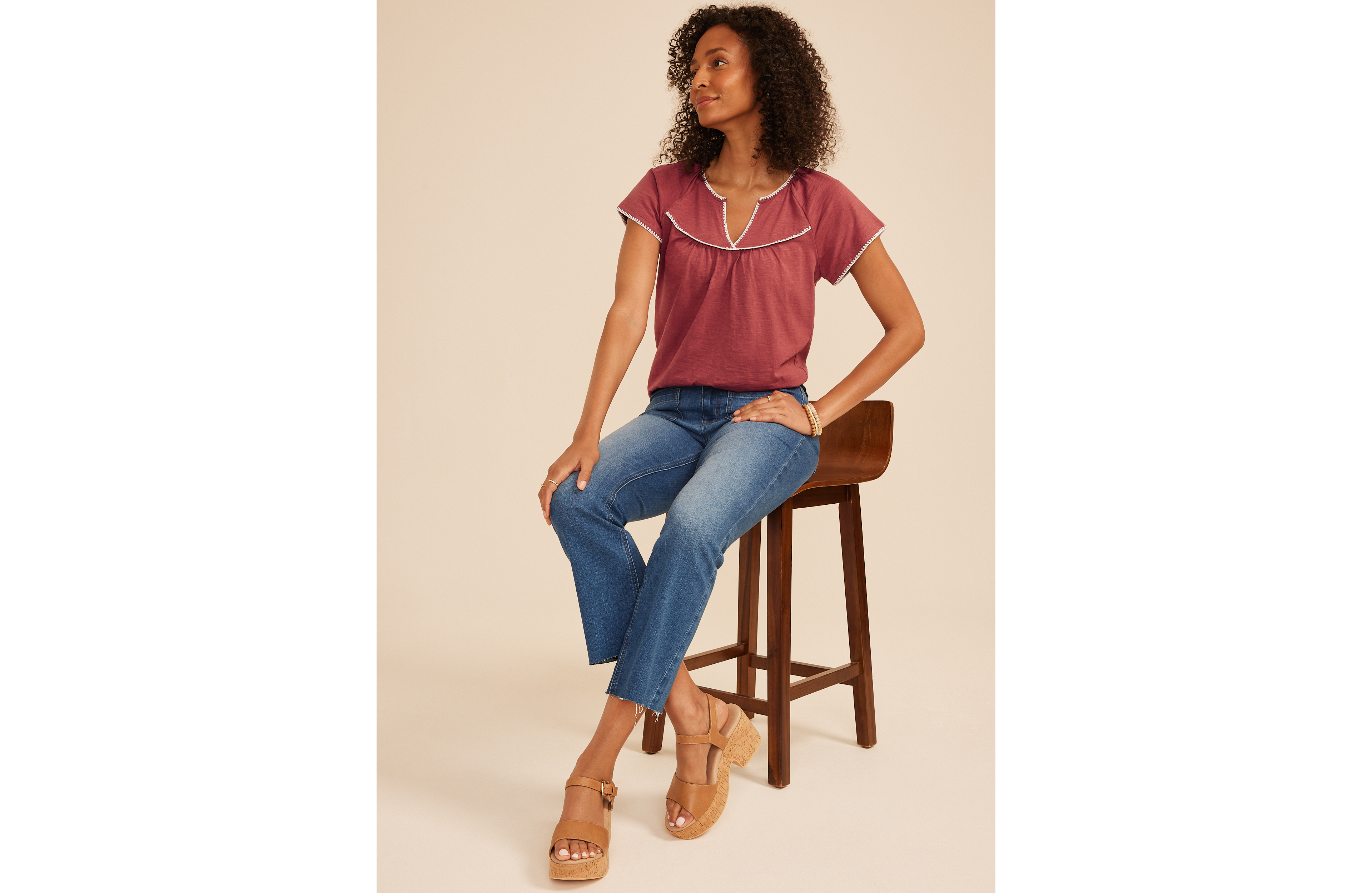 Embroidered Whipstitch Flutter Sleeve Top