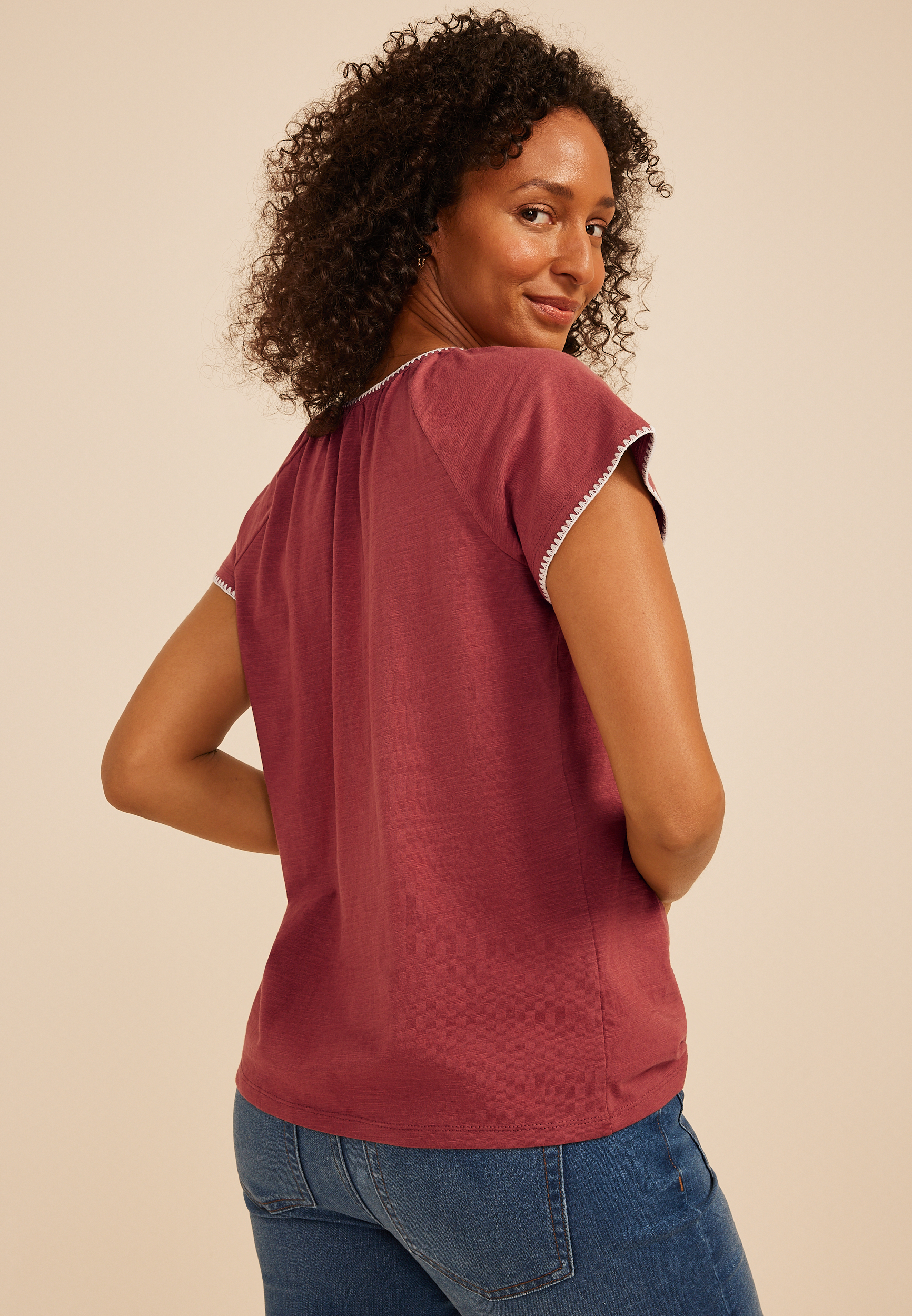Embroidered Whipstitch Flutter Sleeve Top, C9585, large