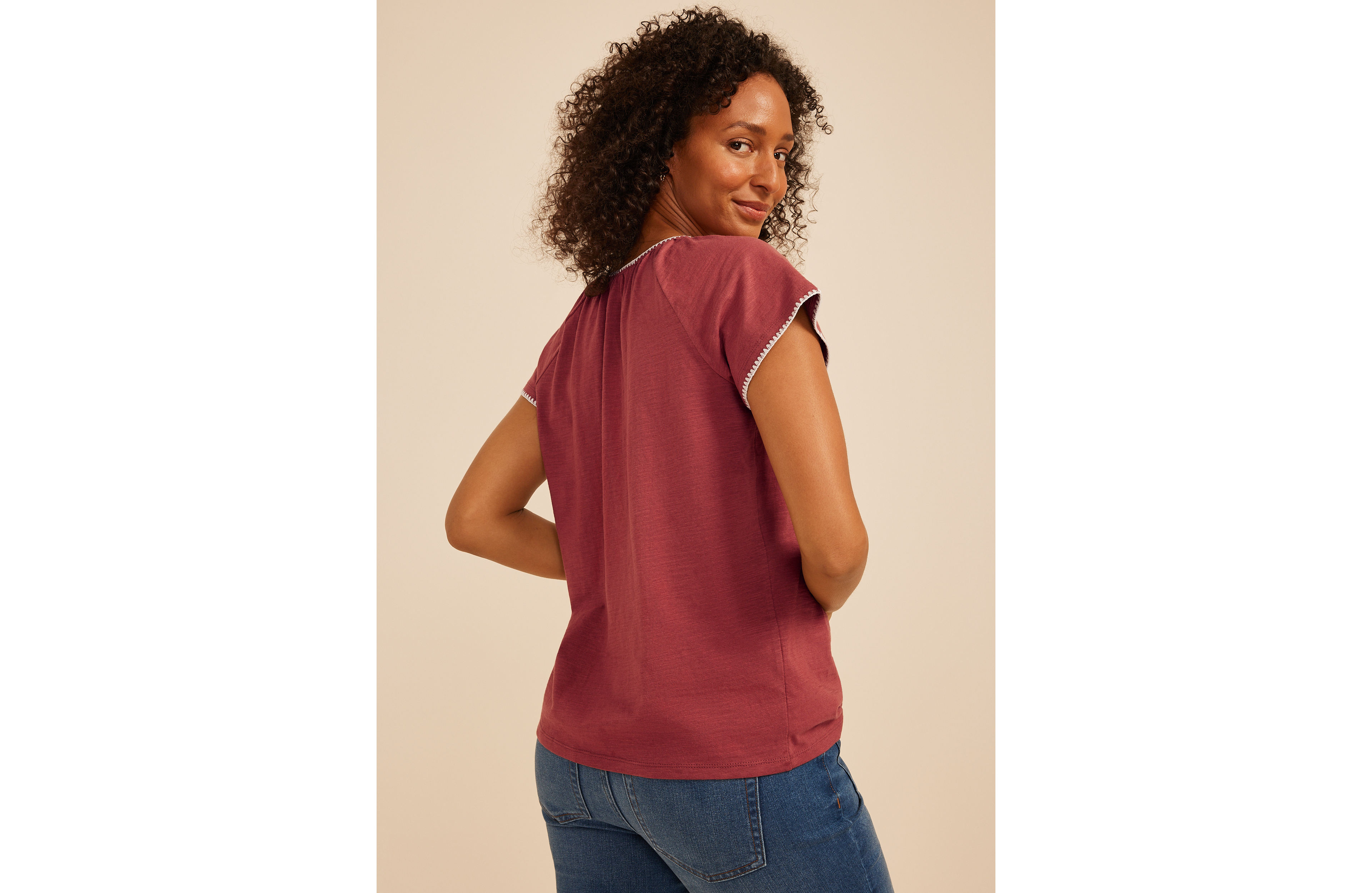 Embroidered Whipstitch Flutter Sleeve Top