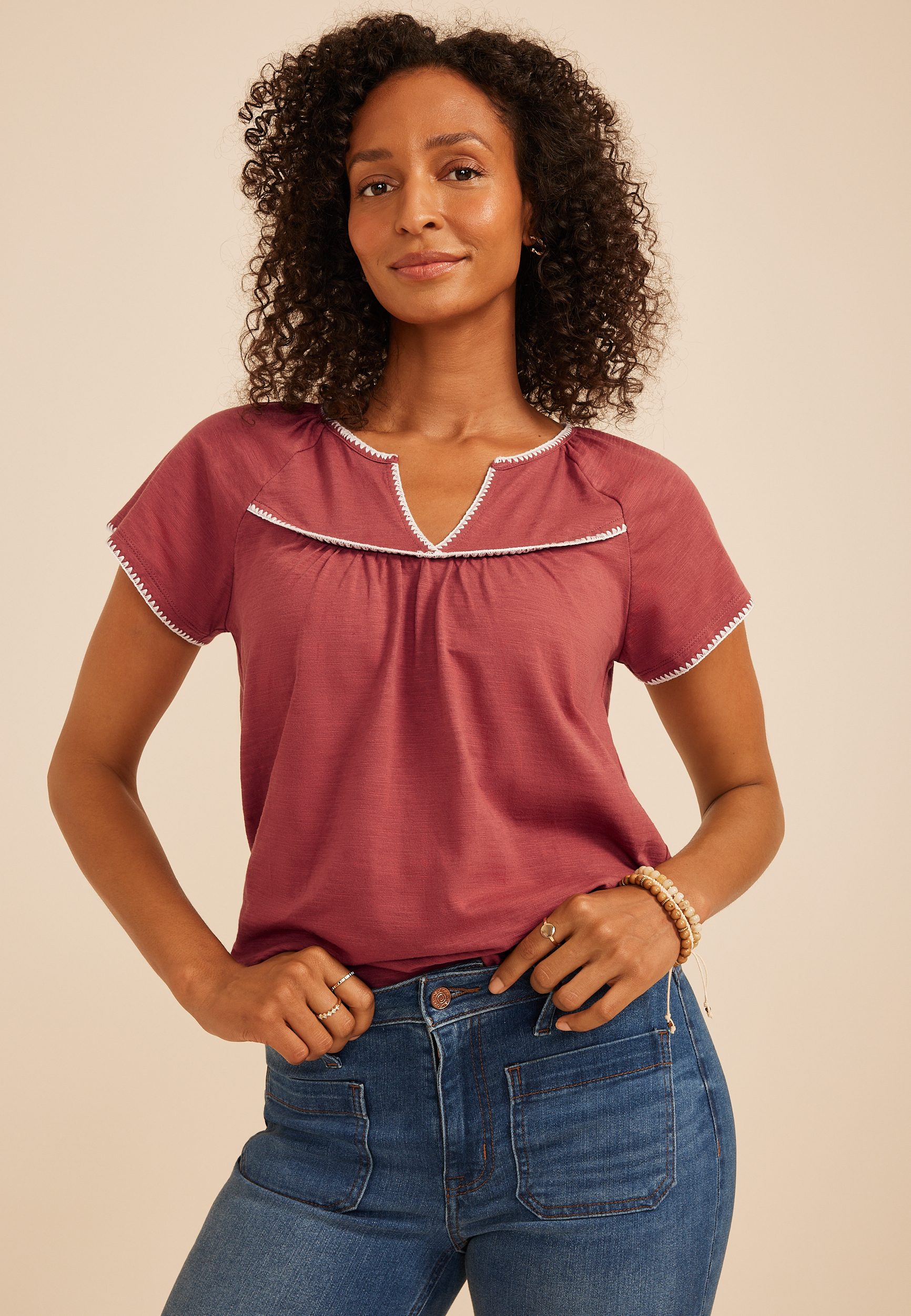 Embroidered Whipstitch Flutter Sleeve Top, C9585, large