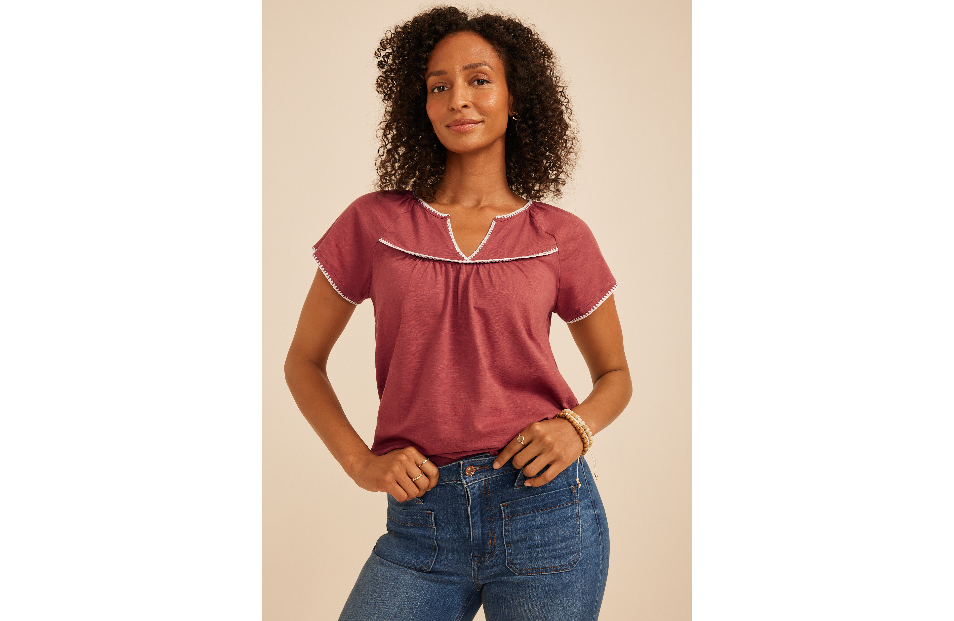Embroidered Whipstitch Flutter Sleeve Top