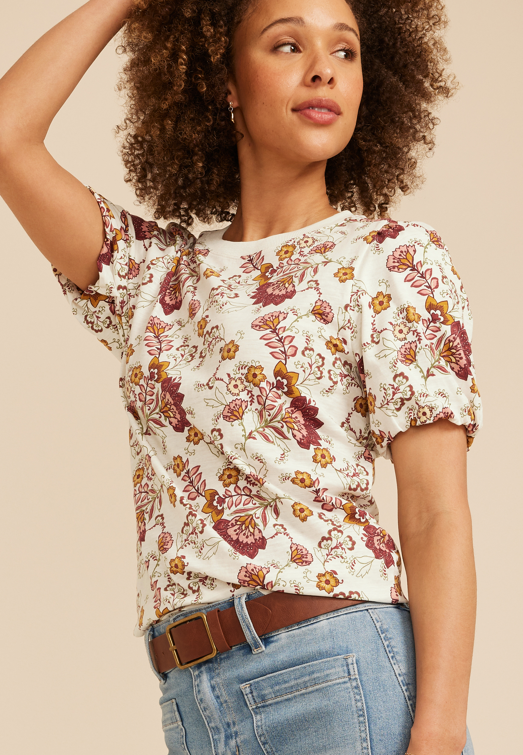 24/7 Bubble Sleeve Floral Print Tee