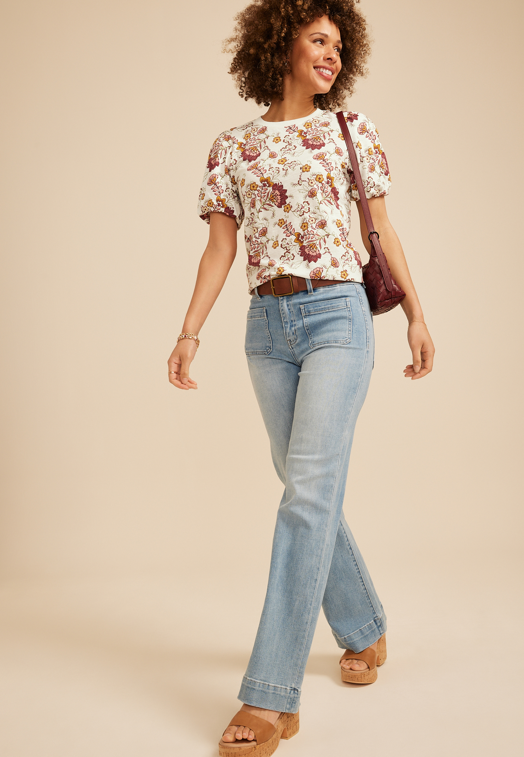24/7 Bubble Sleeve Floral Print Tee, C1524, large
