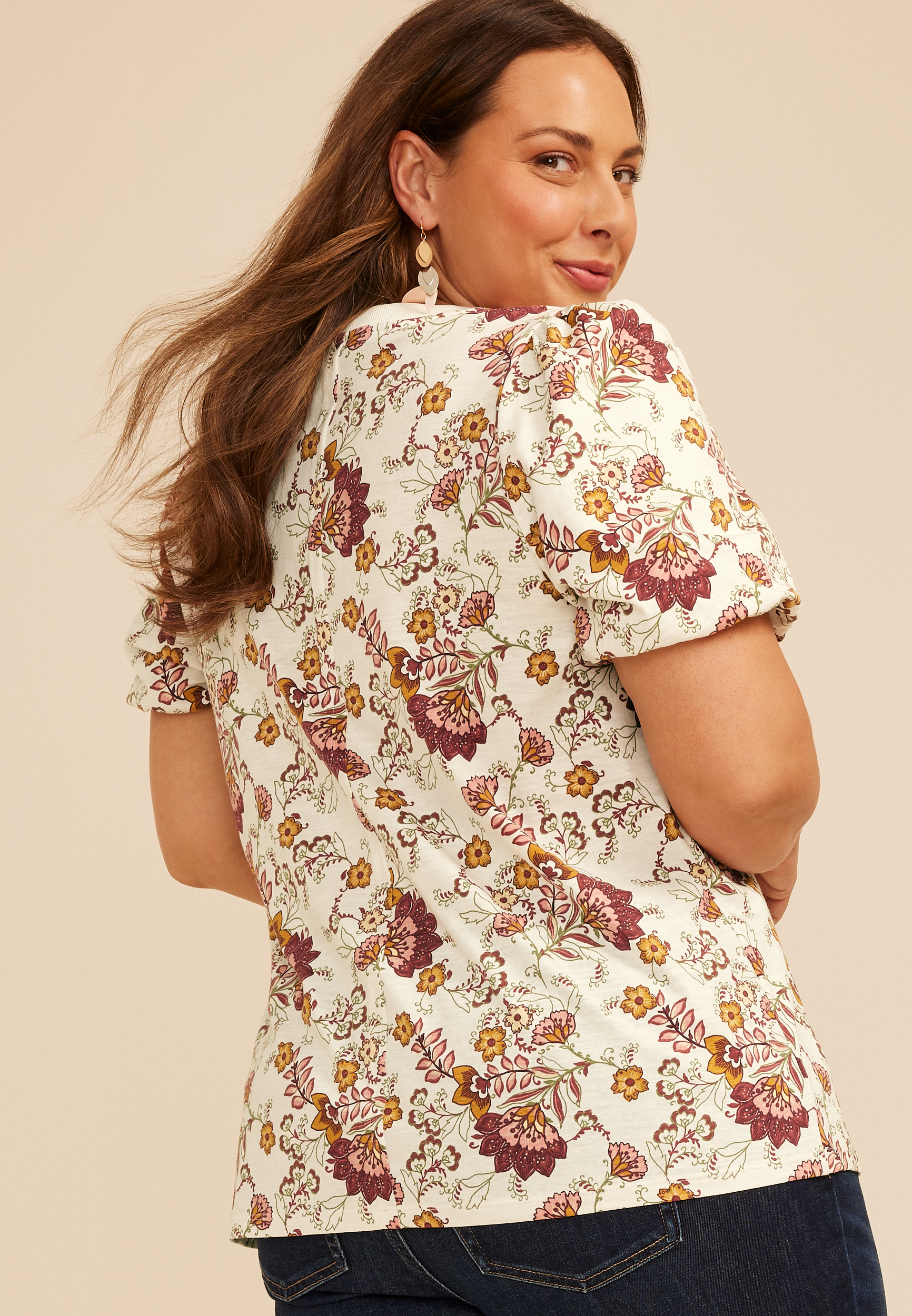 Plus Size 24/7 Bubble Sleeve Floral Print Tee, C1524, large