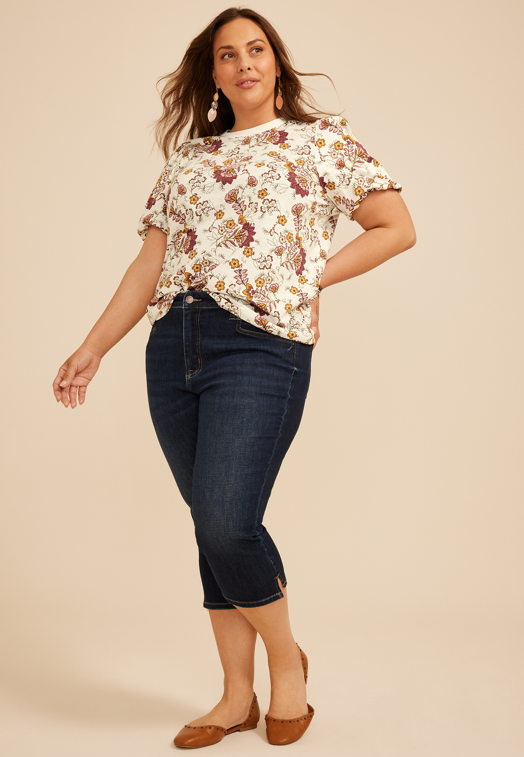 Plus Size 24/7 Bubble Sleeve Floral Print Tee, C1524, large
