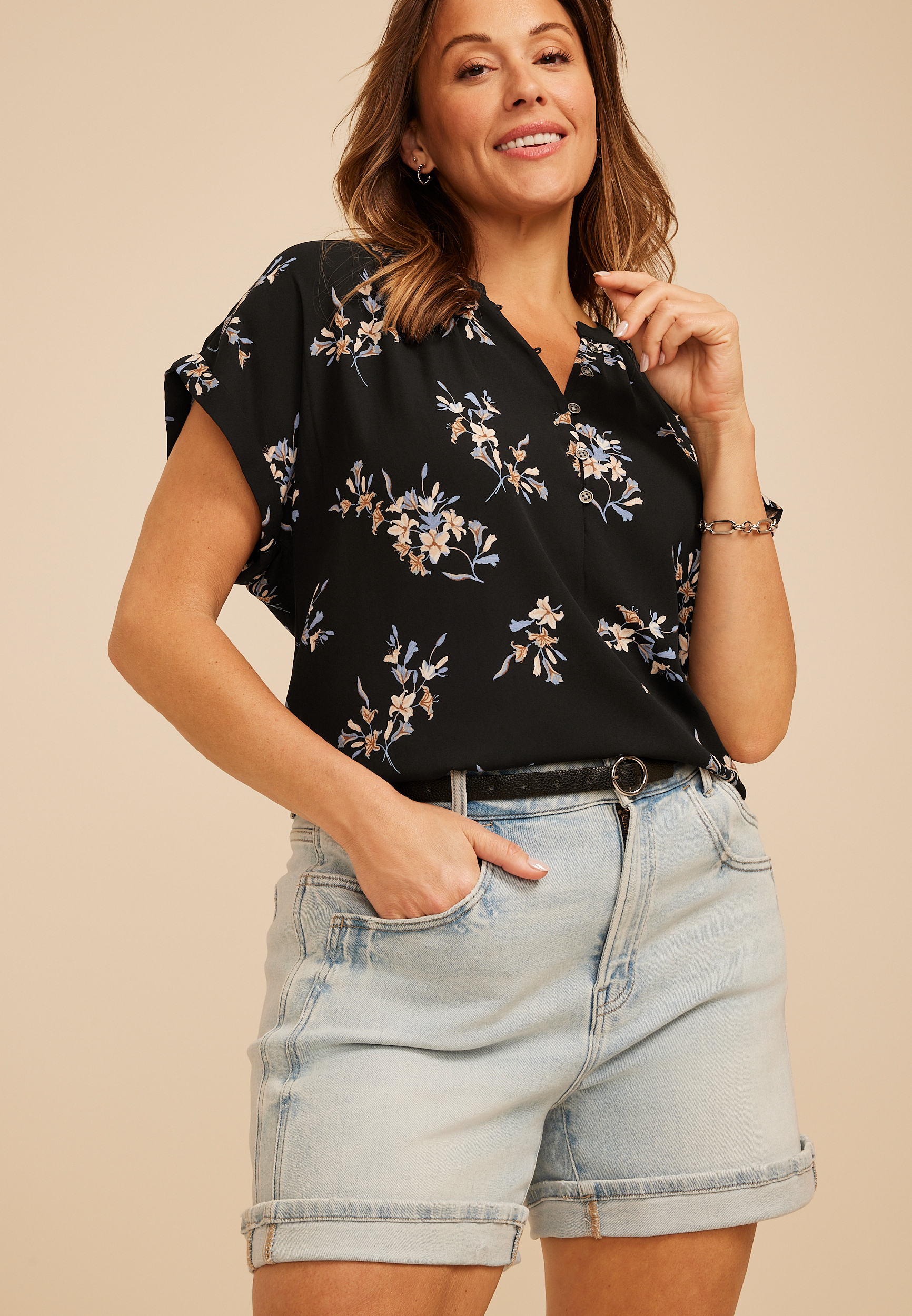 Plus Size Delton Floral Henley Blouse, C1756, large