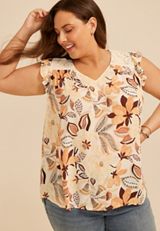 Plus Size Tropical Floral Crochet Shoulder V Neck Top, C1524, small
