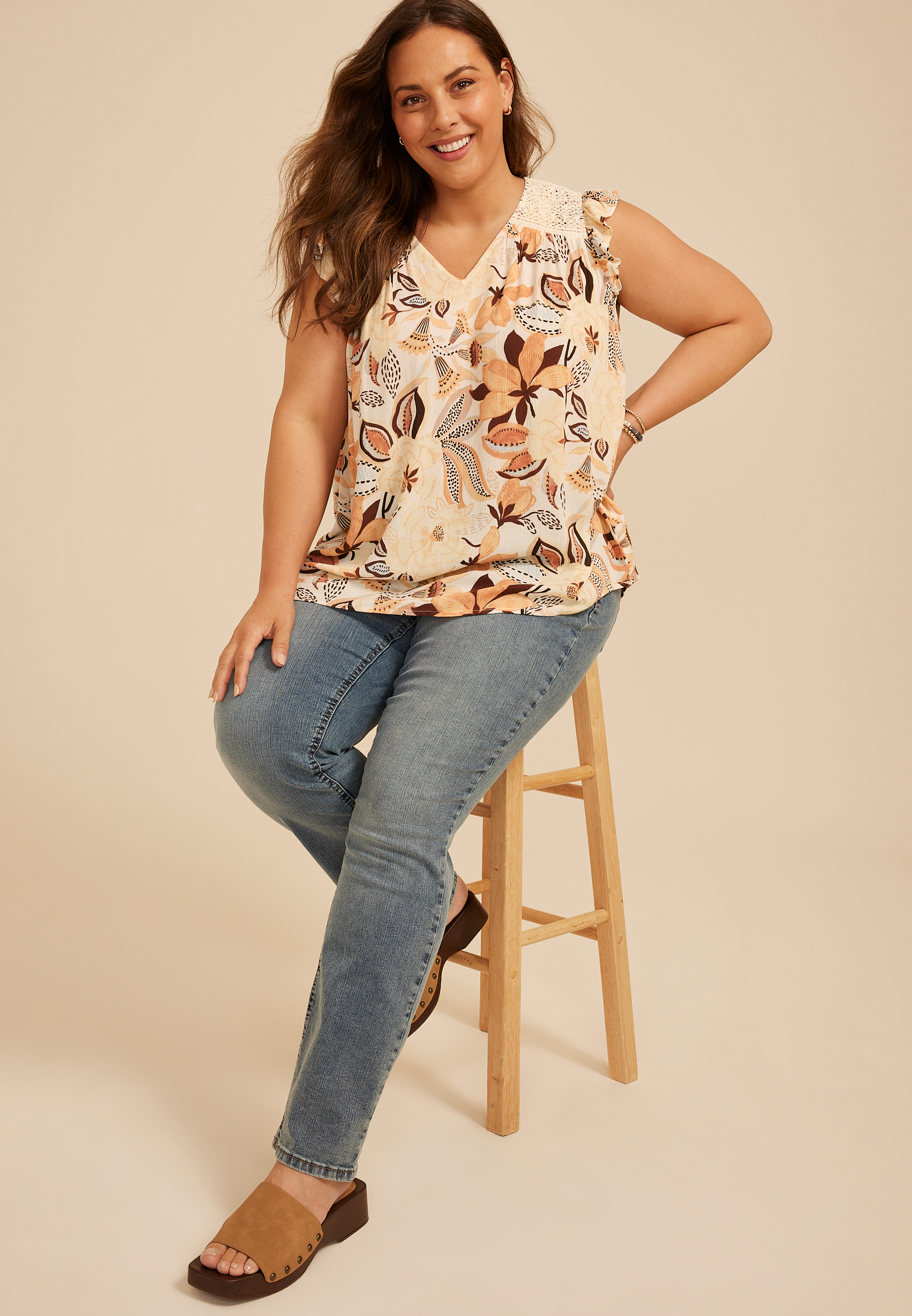 Plus Size Tropical Floral Crochet Shoulder V Neck Top, C1524, large