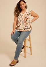 Plus Size Tropical Floral Crochet Shoulder V Neck Top, C1524, small