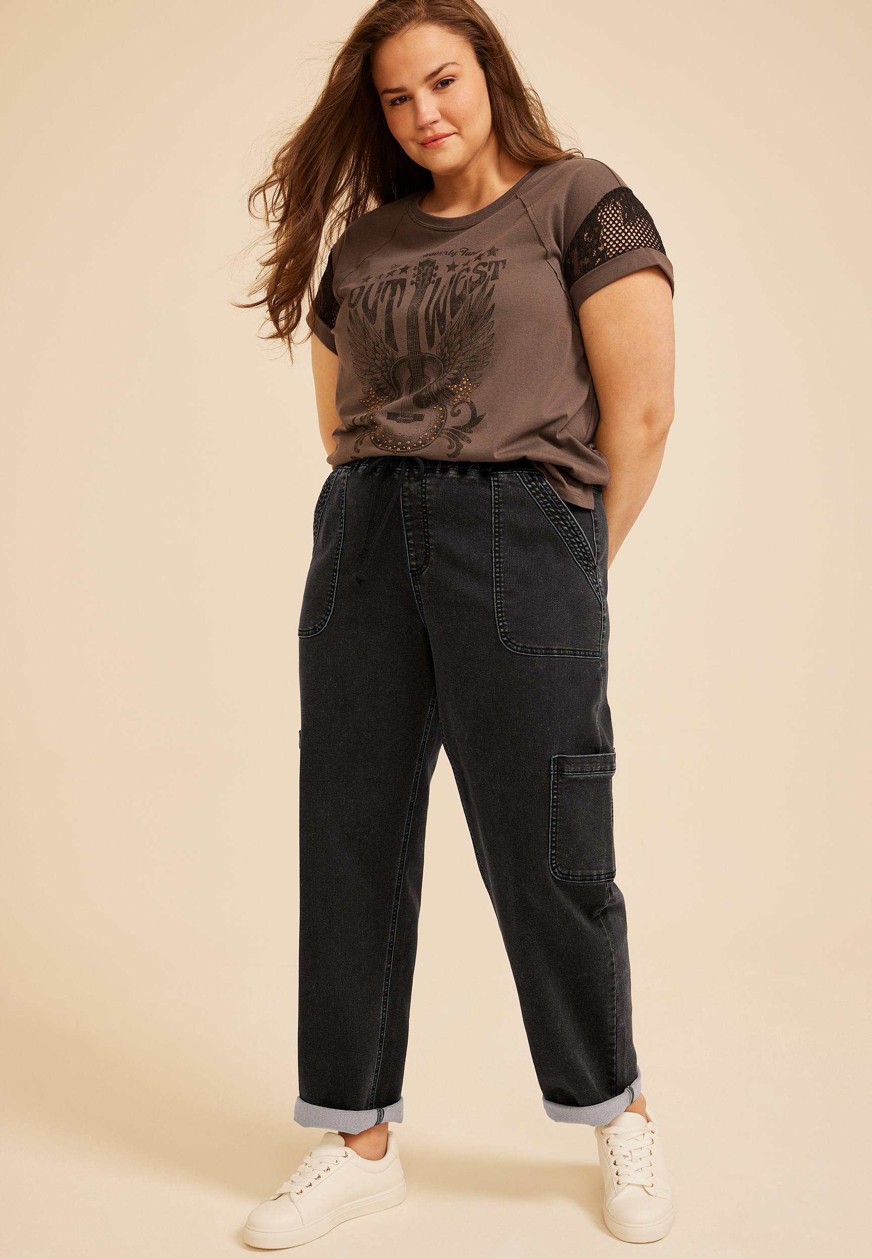 Plus Size m jeans by maurices&trade;  High Rise Black Knit Rolled Hem Jogger, C106, large