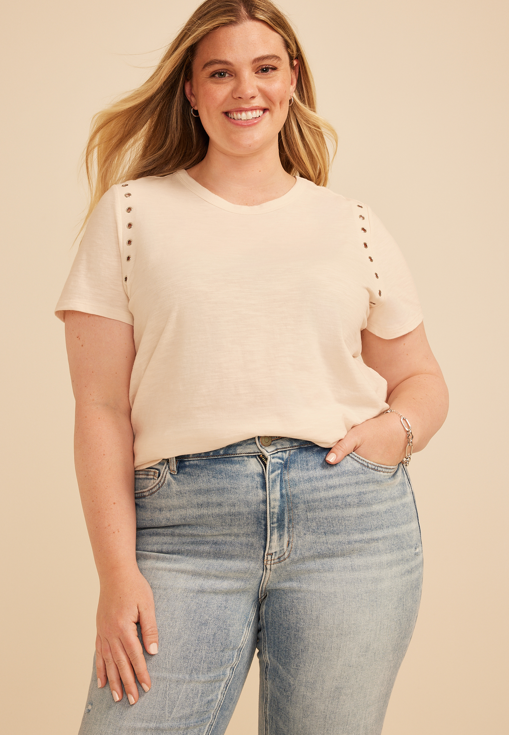 Plus Size Studio Y Grommet Trim Tee, C8232, large