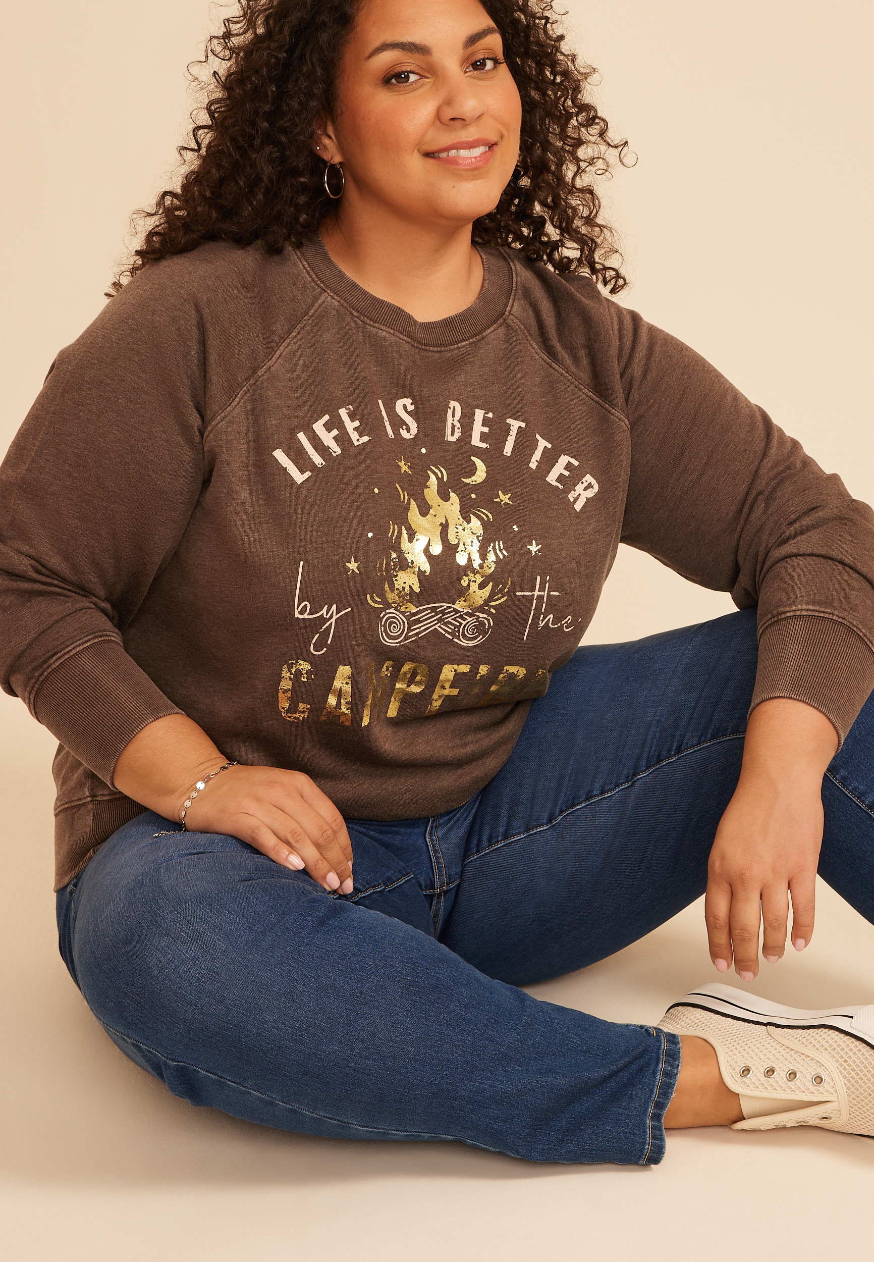 Plus Size Life Is Better By The Campfire Sweatshirt, COFFEE BEAN, large