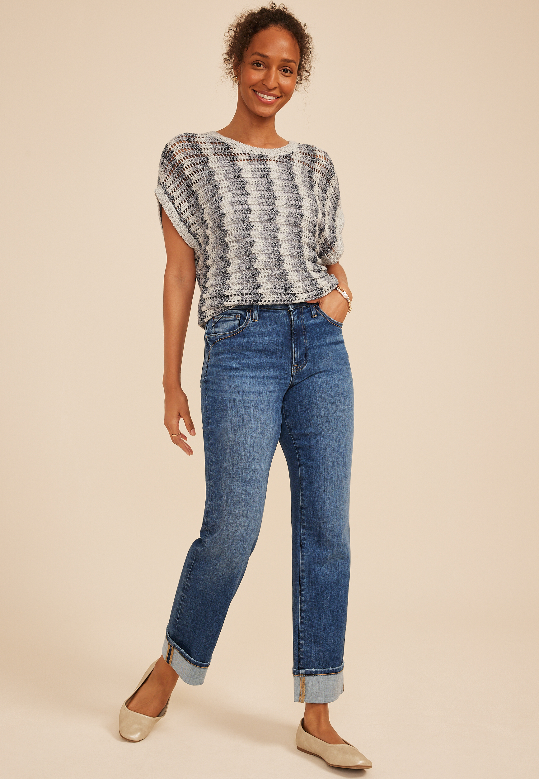 edgely&trade; High Rise Pocket Stitch Cuff Hem Relaxed Straight Jean