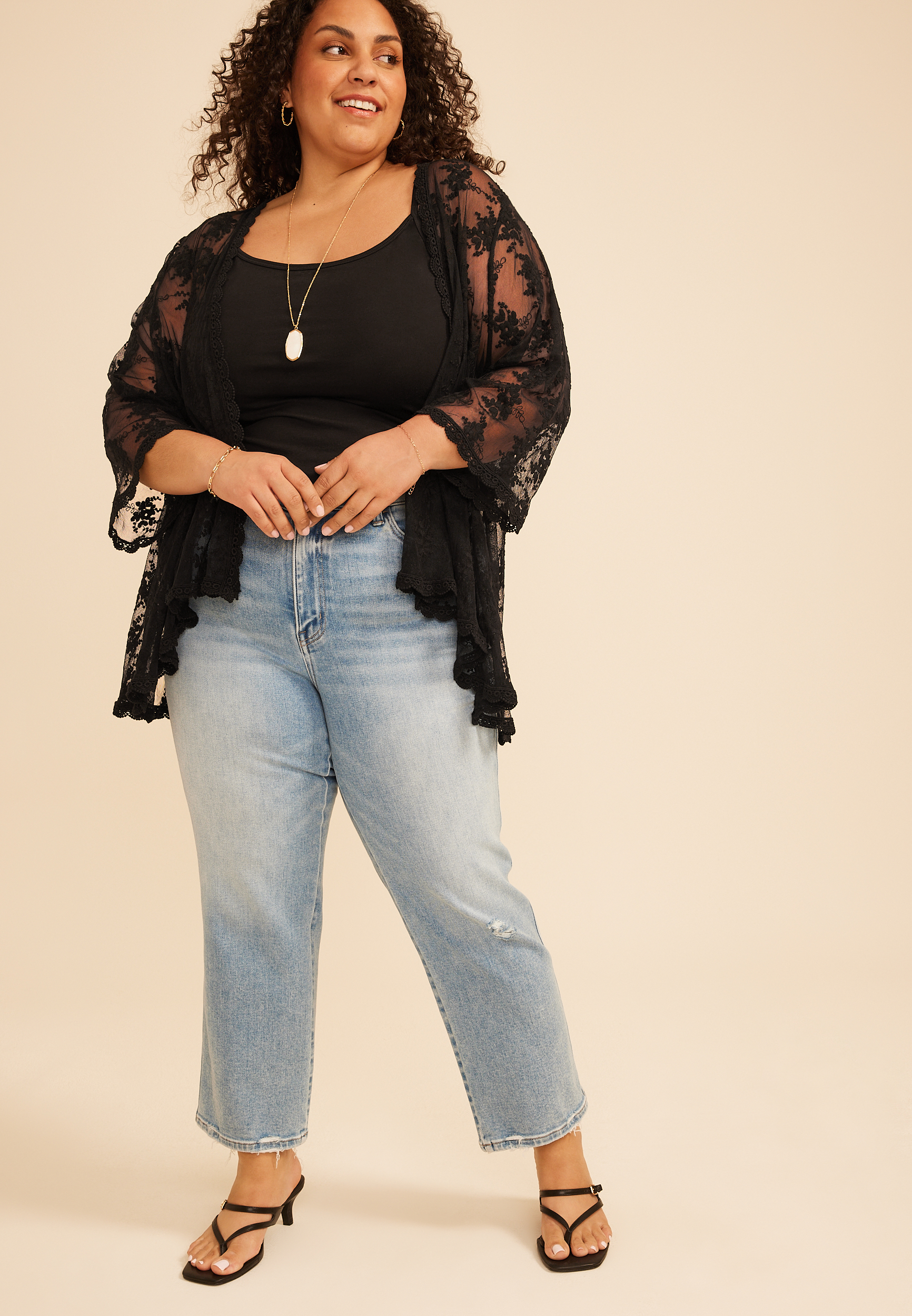 Plus Size Black Floral Sheer Lace Open Front Kimono