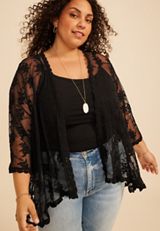 Plus Size Black Floral Sheer Lace Open Front Kimono, C106, small