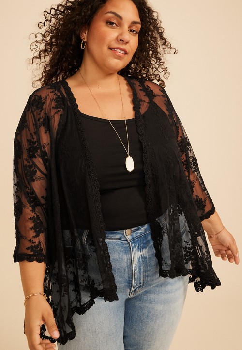 Plus Size Black Floral Sheer Lace Open Front Kimono | maurices
