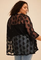 Plus Size Black Floral Sheer Lace Open Front Kimono, C106, small