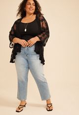 Plus Size Black Floral Sheer Lace Open Front Kimono, C106, small