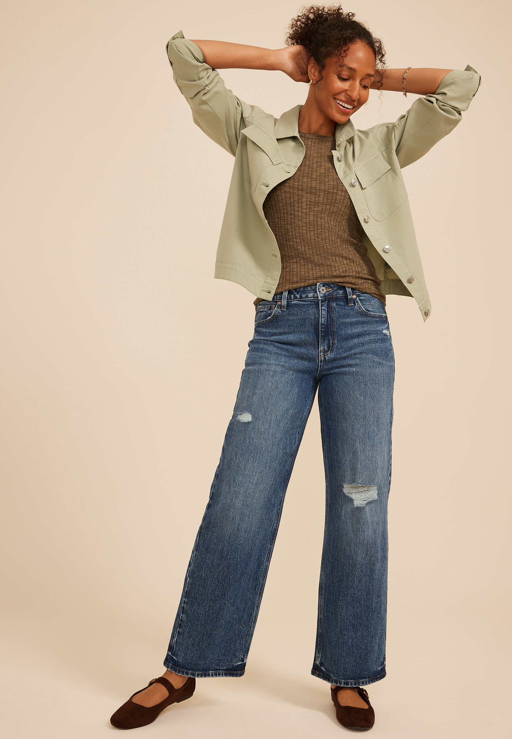edgely&trade; High Rise Open Ripped Adjustable Waist Wide Leg Jean