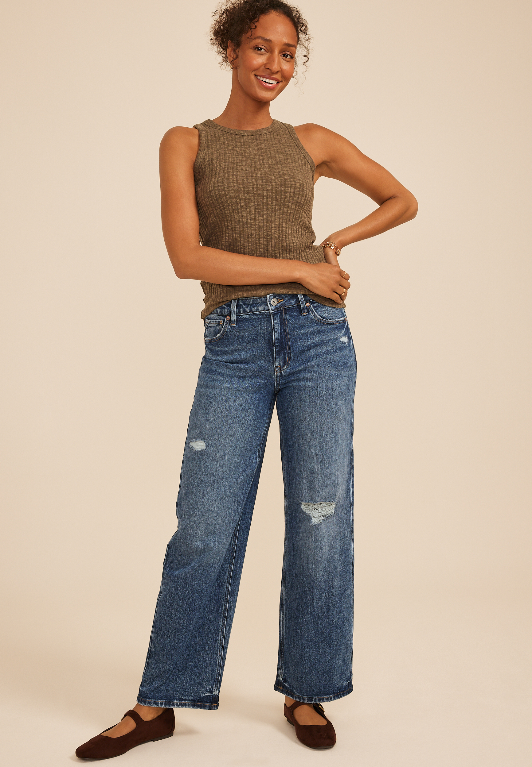 edgely&trade; High Rise Open Ripped Adjustable Waist Wide Leg Jean, C3337, large
