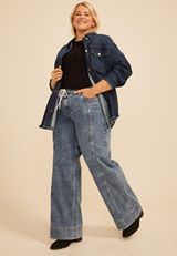 Plus Size High Rise Tie Waist Seamed Front Wide Leg Jean, C3337, small